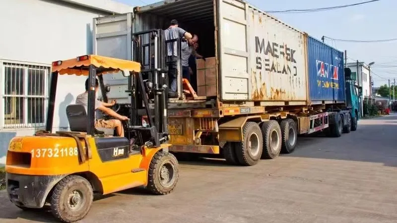 Container being loaded with cartons by forklift at an export loading bay
