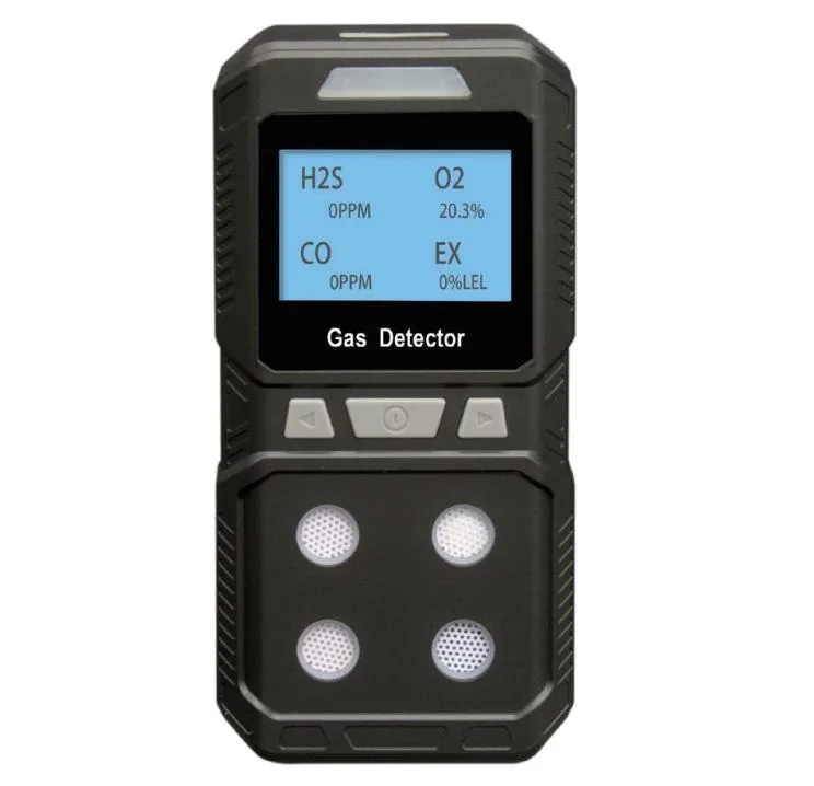 Black hand-held gas detector with a blue display reading H2S 0 ppm, O2 20.3 %, CO 0 ppm and EX 0 %LEL, the words Gas Detector printed below the screen, three buttons beneath the panel and four grilles for the sensing elements in the lower body